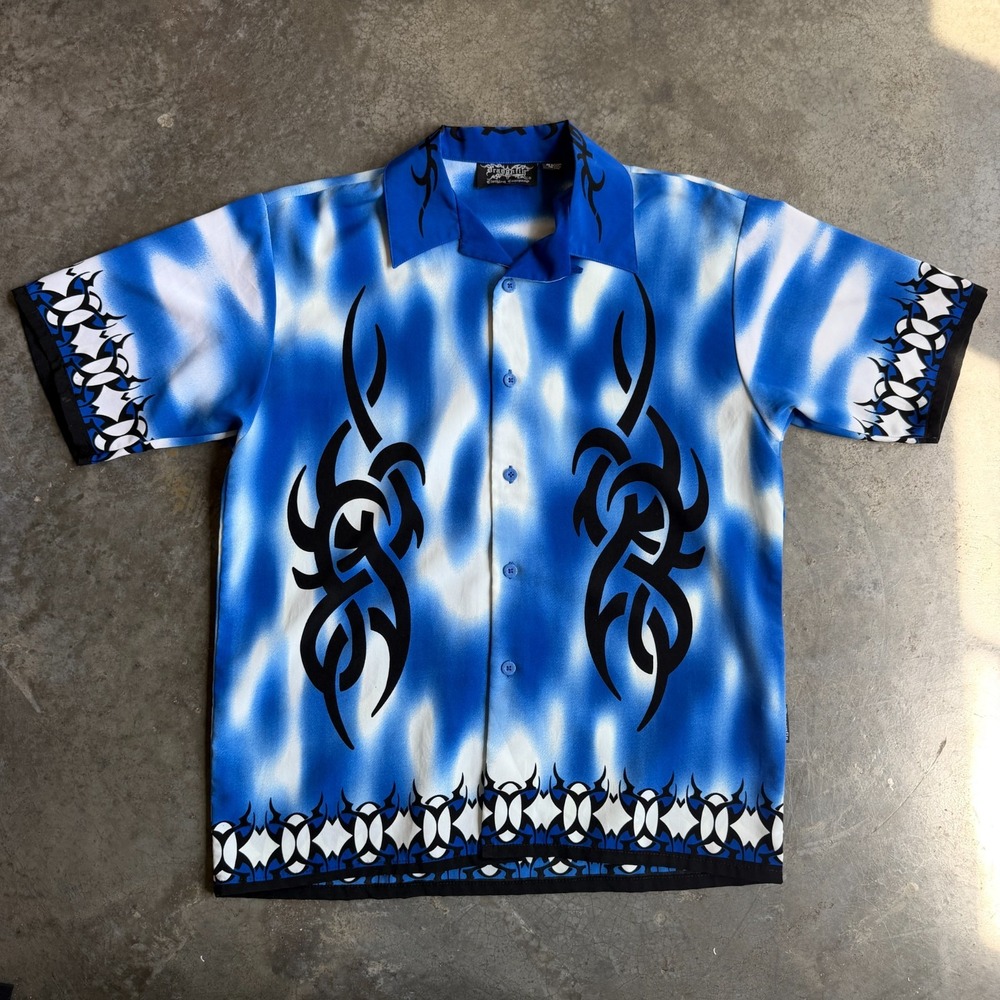 VTG Dragonfly Roadhouse Shirt Mens M Blue Shadow Tribal Loop Collar Rockabilly
